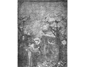St Francis Preaching to the Birds - Giotto - Upper Church, S Francesco of Assisi 13th century - 1950s fine art reproduction