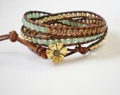 Flower Jewelry Leather Wrap Boho Chic 3X Gold Green Aventurine