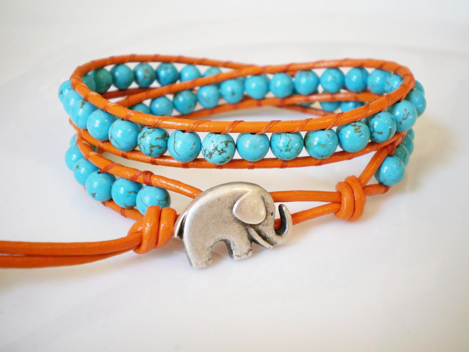 Tangerine & Turquoise Leather Wrap Bracelet with Elephant Button