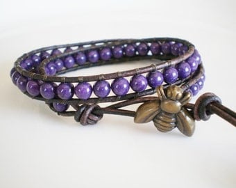 Leather Wrap Bracelet Purple Mountain Jade w Bee Charm