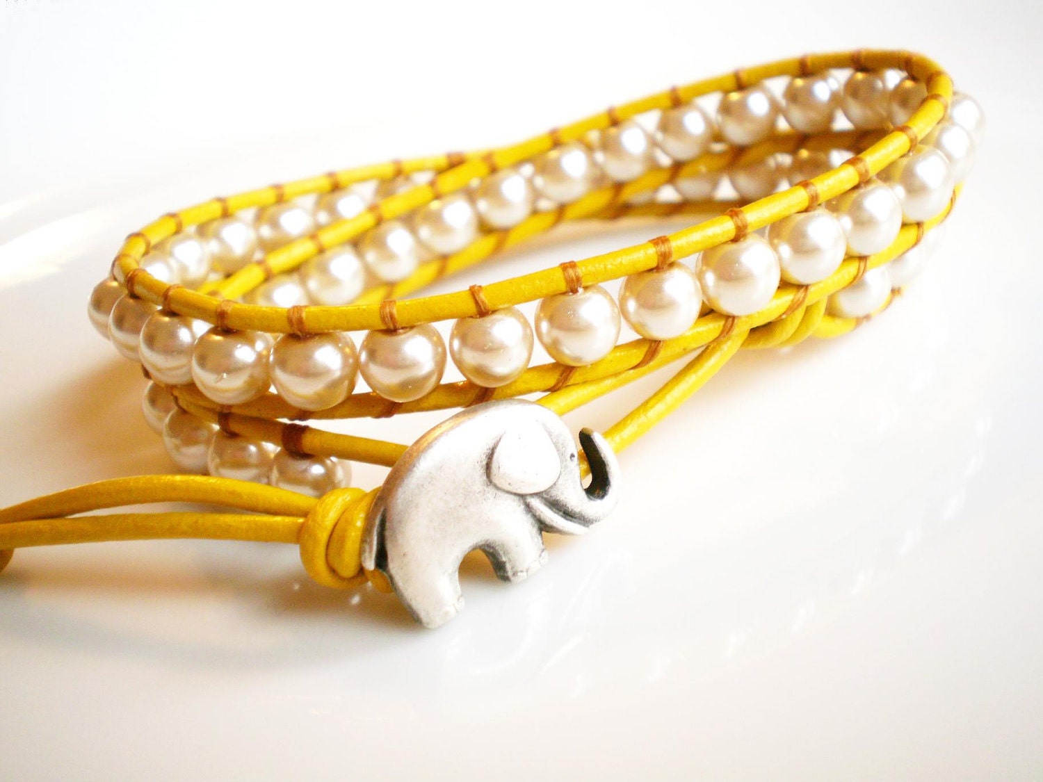 Yellow Leather Wrap Bracelet w Faux Pearls and Elephant