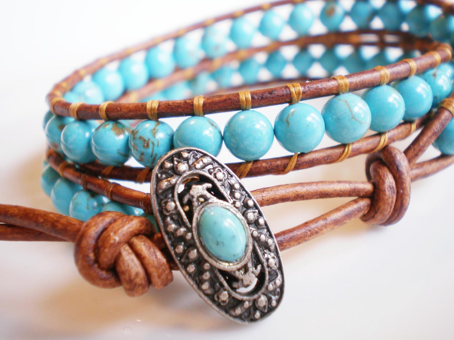 Turquoise Magnesite Double Leather Wrap Bracelet