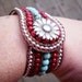 CUSTOM Big Red Beaded Leather Cuff Turquoise Mag Red Riverstone 5 Row Bracelet Five Row