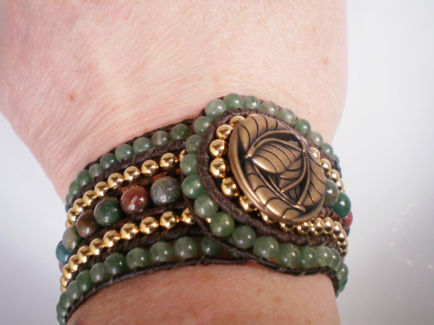 5 Row Beaded Cuff Leather Jasper Green Aventurine