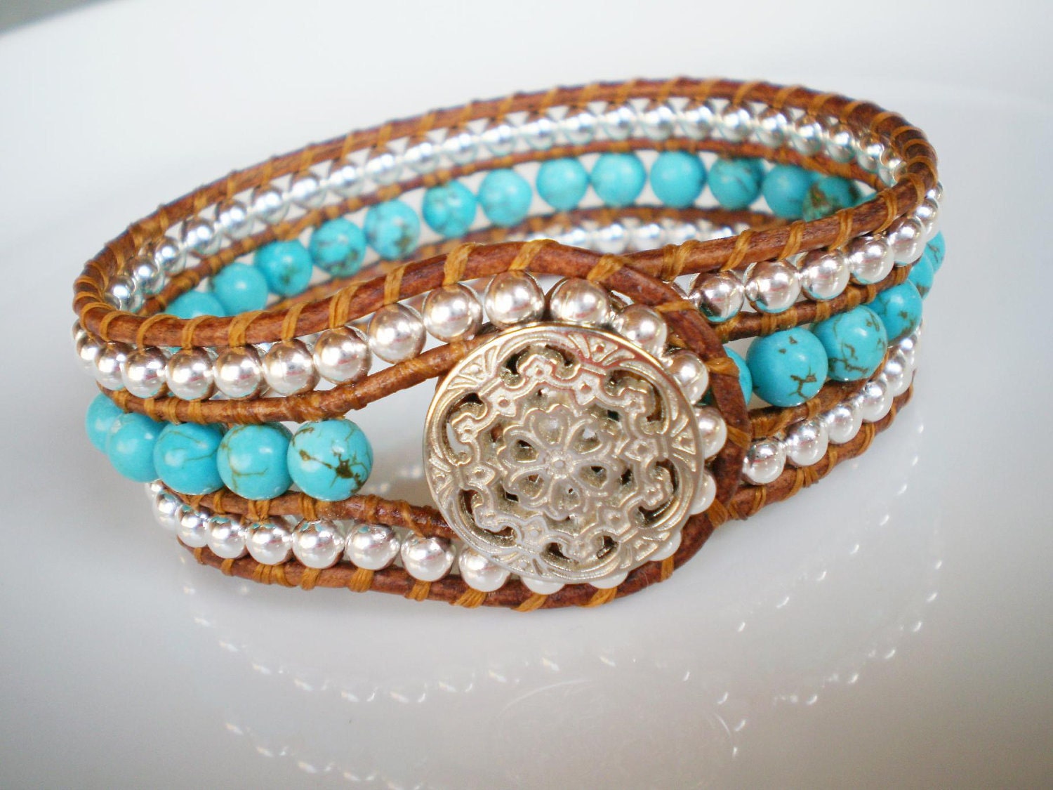 CUSTOM: Single Leather Wrap Cuff Turquoise Magnesite Silver Silver Plate