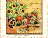 Digital Collage Sheet Garden Harvest, AJR-109 3 inch squares thanksgiving autumn Fall art bird birdhouse sunflower pumpkins gourds