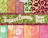 Tropical Breeze Digital Paper Pack, AJROB-065-dc bamboo woven mat texture leopard print lime orange pink hibiscus swirls beach island style