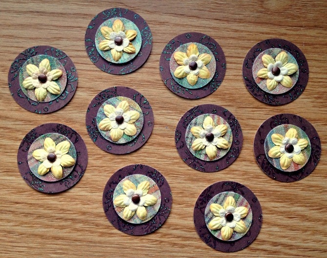 Set of 10 Yellow Flower Circle Embellishments for Spring Favors, Cards, Scrapbooking, Gift Tags, Etc.