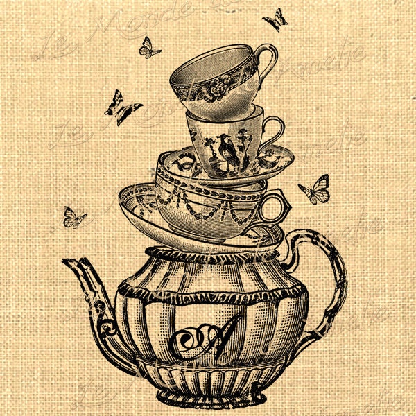 Tea with Alice wonderland tea cup mad hatter fantasy graphic art ephemera gift tag label napkins burlap pillow large image Sheet n.127