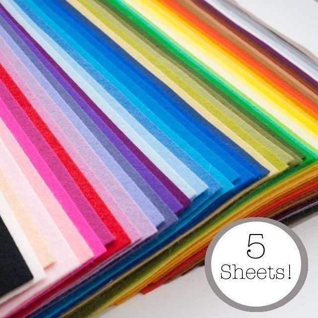100 Percent Wool Felt- 5 Sheets- Your Choice of Colors