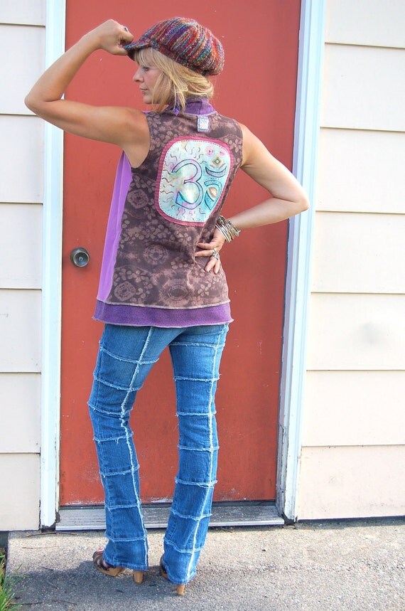 Clothing, Eco  wrap VEST,artisan, upcycled , patchwork clothing, asymmetrical, Om applique  size S-L , by Zasra
