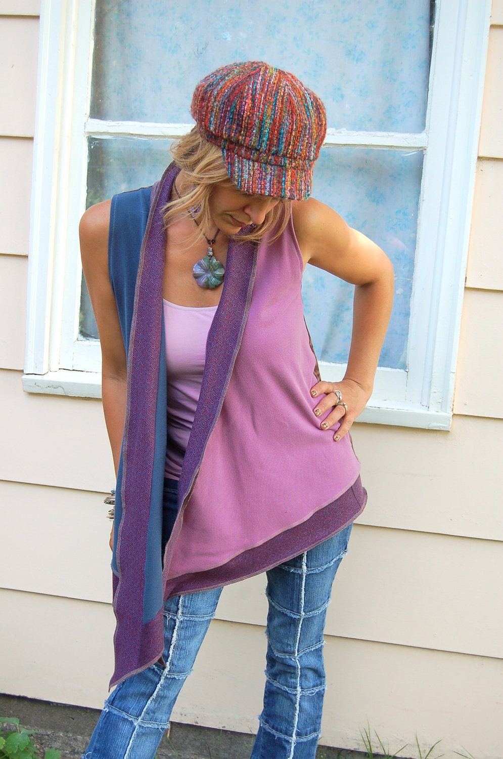 Clothing, Eco  wrap VEST,artisan, upcycled , patchwork clothing, asymmetrical, Om applique  size S-L , by Zasra