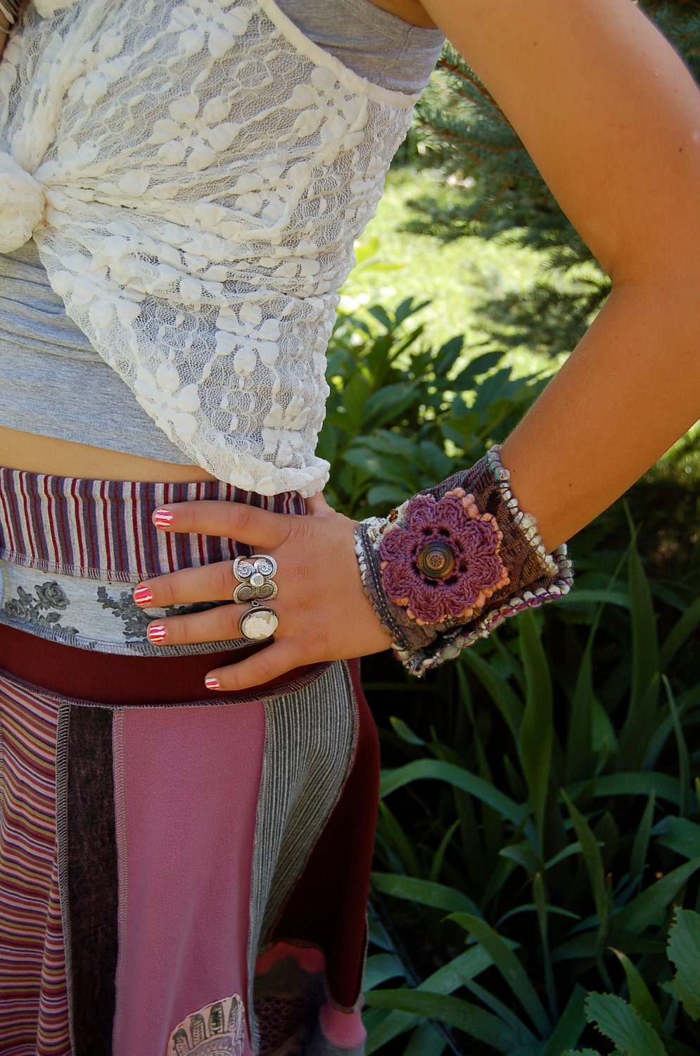 Eco Cuff BRACELET, repurposed fabric , beaded, detail, reclaimed lace, crocheted flower, dusty plum mix, by Zasra