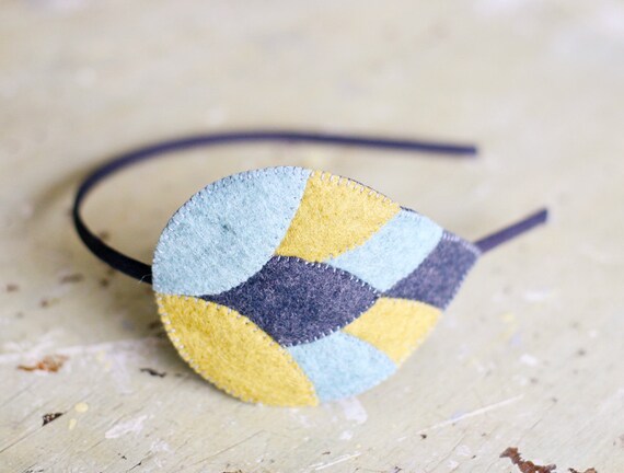 SALE - Whimsical Tiered Leaf Motif / Hand Stitched Wool Felt Headband / Charcoal, Dijon, Mint Green
