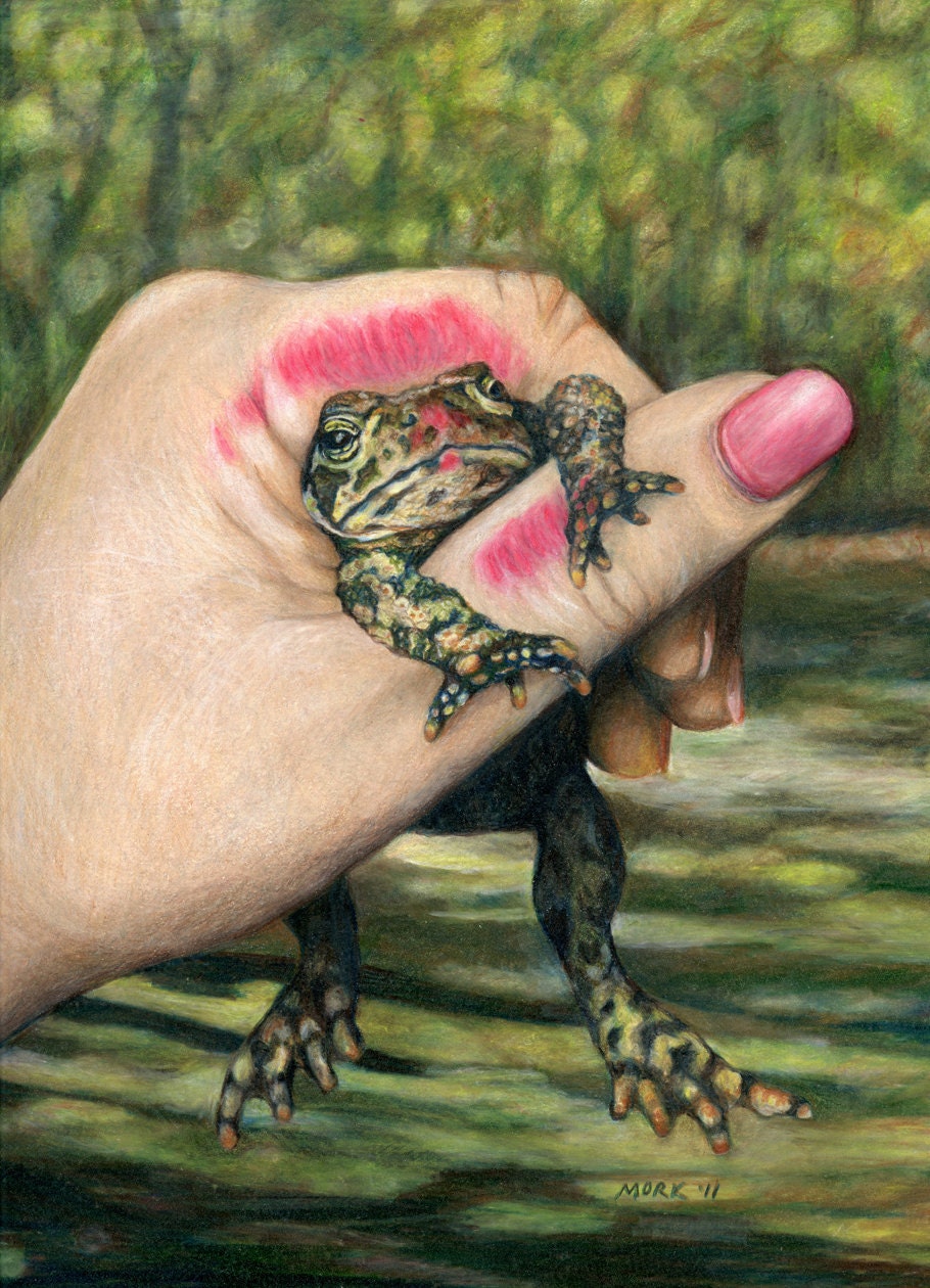 The Wrong One - Princess kissing Frog art matted giclee print