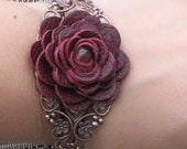 Flower bracelet leather bracelet floral cuff bracelet leather jewelry wedding jewelry mixed media jewelry burgundy metal lace bracelet