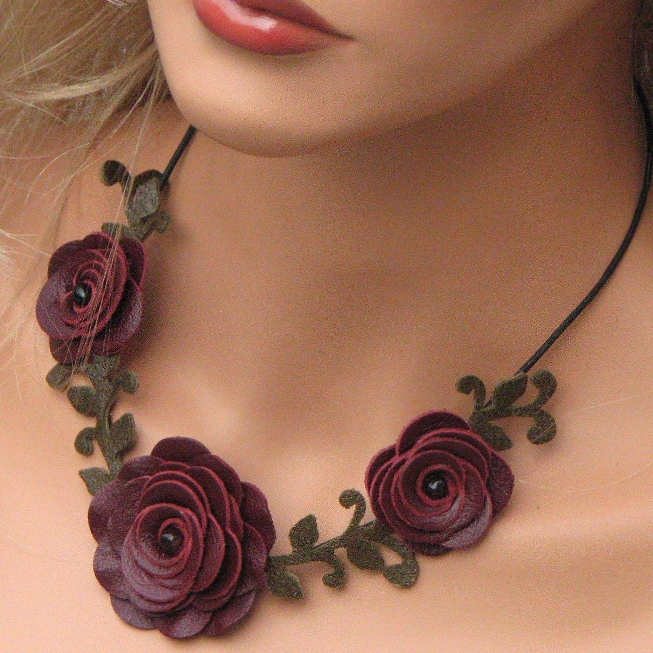 Flower necklace leather necklace choker burgundy roses leather jewelry mixed media jewelry wedding accessories