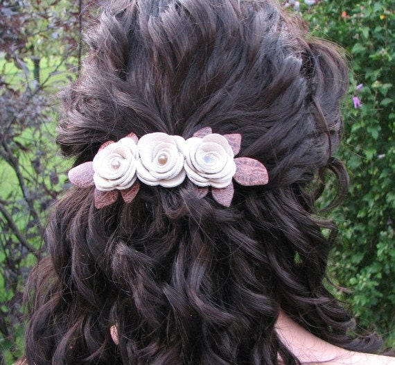 Flower leather barrette with 3 mustard yellow roses and brown leaves 3 year anniversary gift