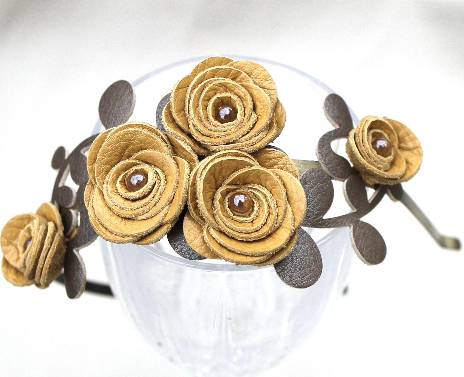 Flower headband yellow leather roses bridal hairband woodland wedding floral tiara