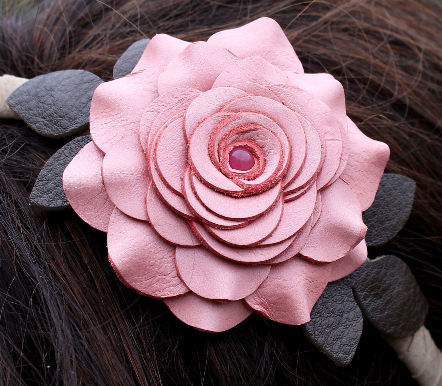 Pink flower fascinator headband, leather rose green leaves on ivory suede hairband 3 year anniversary gift