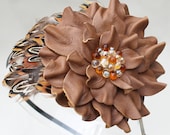 Brown feather fascinator leather flower headband with beaded center woodland wedding hairpiece Victorian steampunk hairband  Halloween