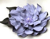 Periwinkle leather flower pin brooch dahlia with moss green leaves and beaded center 3 year anniversary gift