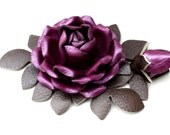 Leather flower pin purple rose green leaves woodland wedding corsage decoration floral brooch 3 year anniversary gift