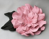 Leather flower pin brooch, pastel pink dahlia with moss green leaves and beaded center 3 year anniversary gift