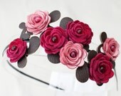 Flower headband leather pink and suede red roses green leaves floral bridal tiara woodland wedding Valentines Day 3 year anniversary gift