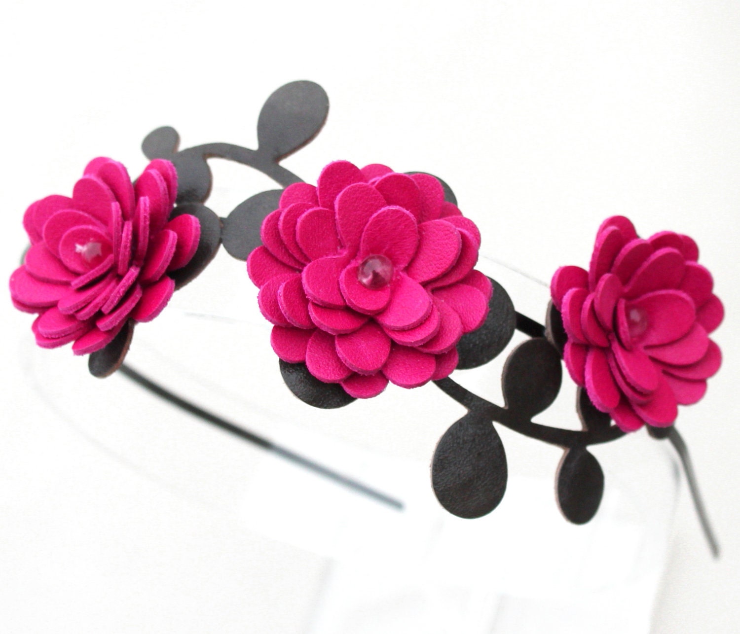 Flower headband hot pink leather fuchsia mums wedding hair accessory