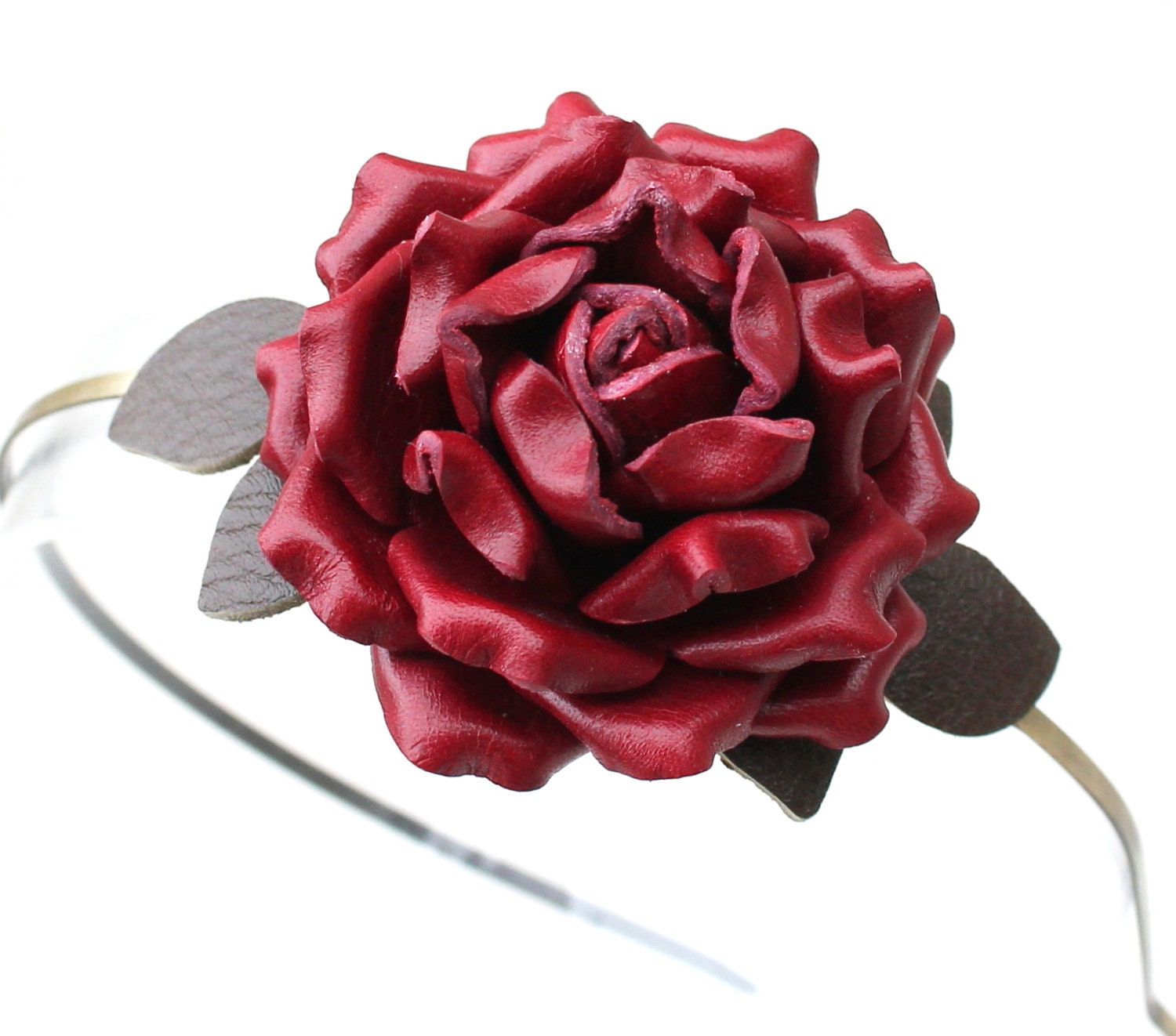 Fllower headband fascinator, red leather  rose moss green leaves woodland wedding hairpiece