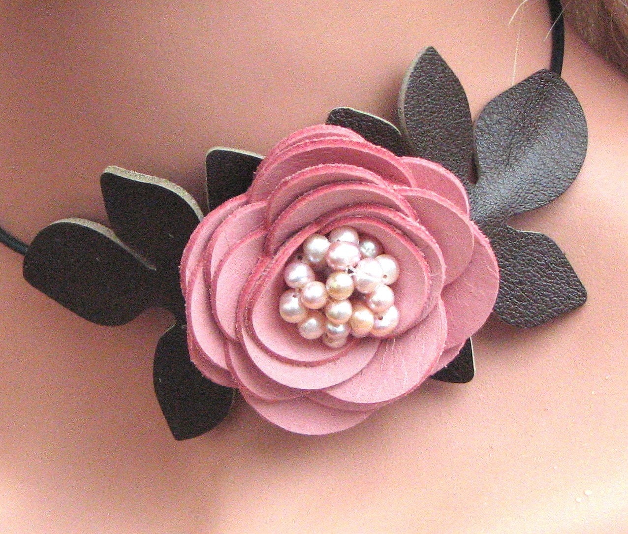 Flower leather necklace choker, honeysuckle pink rose, moss green leaves, pearl center on black leather cord 3 year anniversary gift