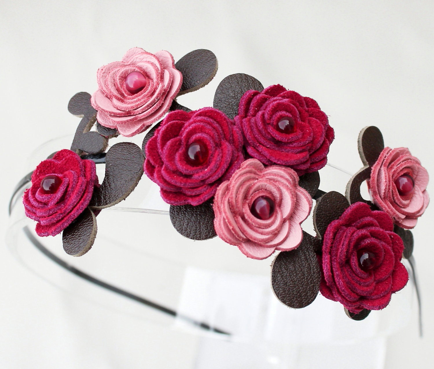 Flower headband leather pink and suede red roses green leaves floral bridal tiara woodland wedding Valentines Day 3 year anniversary gift