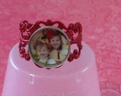 Custom Photo Jewelry Ring Red Filigree Adjustable