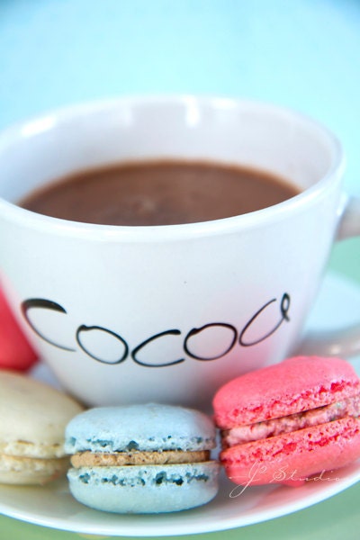 Macaron Photo, Dessert Art, Foodie Photography Print, Cocoa Pastel Powder Blue, French Pastry