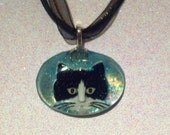 NEW Upcycled CAT Resin Tuxedo black white kitty pendant NECKLACE Handmade eco cabochon kitten jewelry Birthday Mother's Day Gift Present