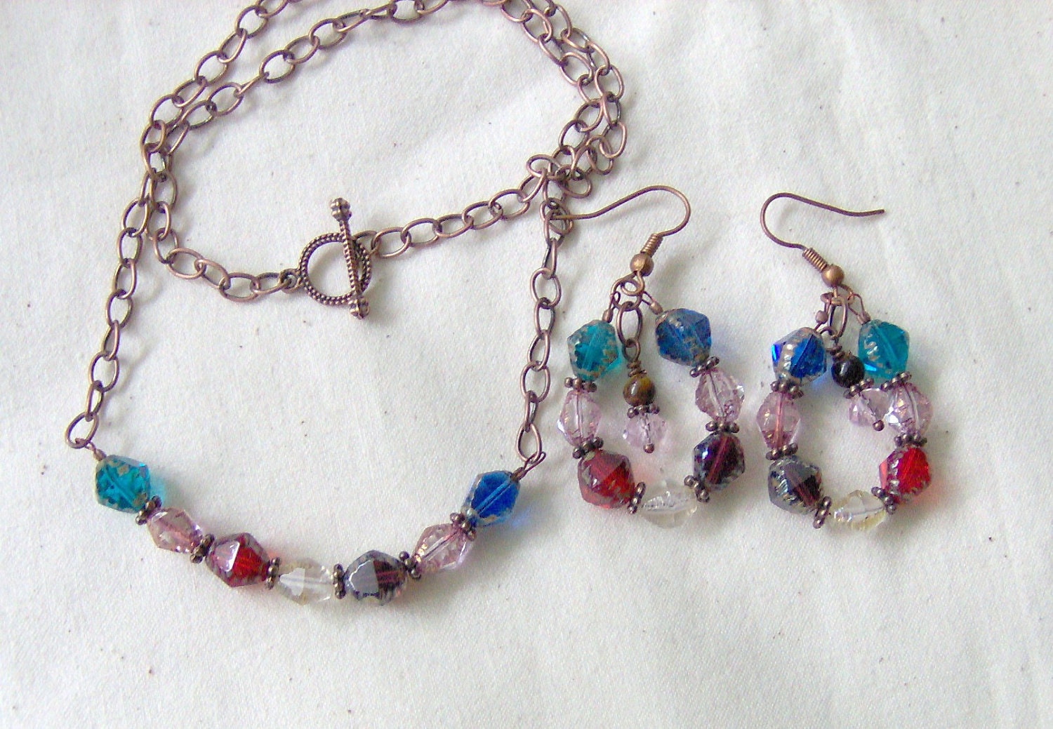 SALE Vintage Inspired Antique Copper and Multi Color Czech Beaded Necklace and Earring Set