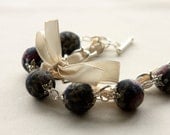 Blueberry beads and ivory ribbon bracelet