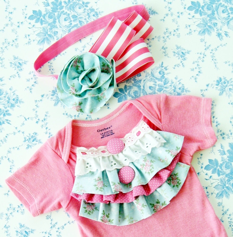 ALMOST GONE bubblegum pink vintage inspired hand dyed onesie with ruffles and lace and matching headband, 3m 6m 9m 12m 18m 24m photo prop