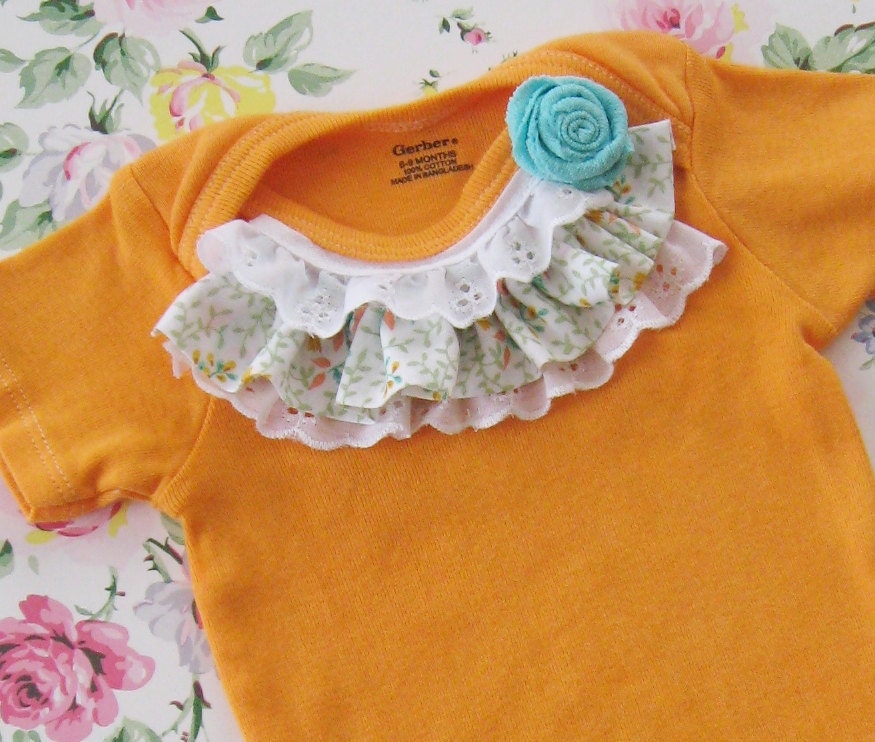 sunshine orange hand dyed onesie embellished with vintage fabric and lace, and a pretty little aqua rose, 6m to 9m, baby girl photos spring