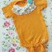 sunshine orange hand dyed onesie embellished with vintage fabric and lace, and a pretty little aqua rose, 6m to 9m, baby girl photos spring