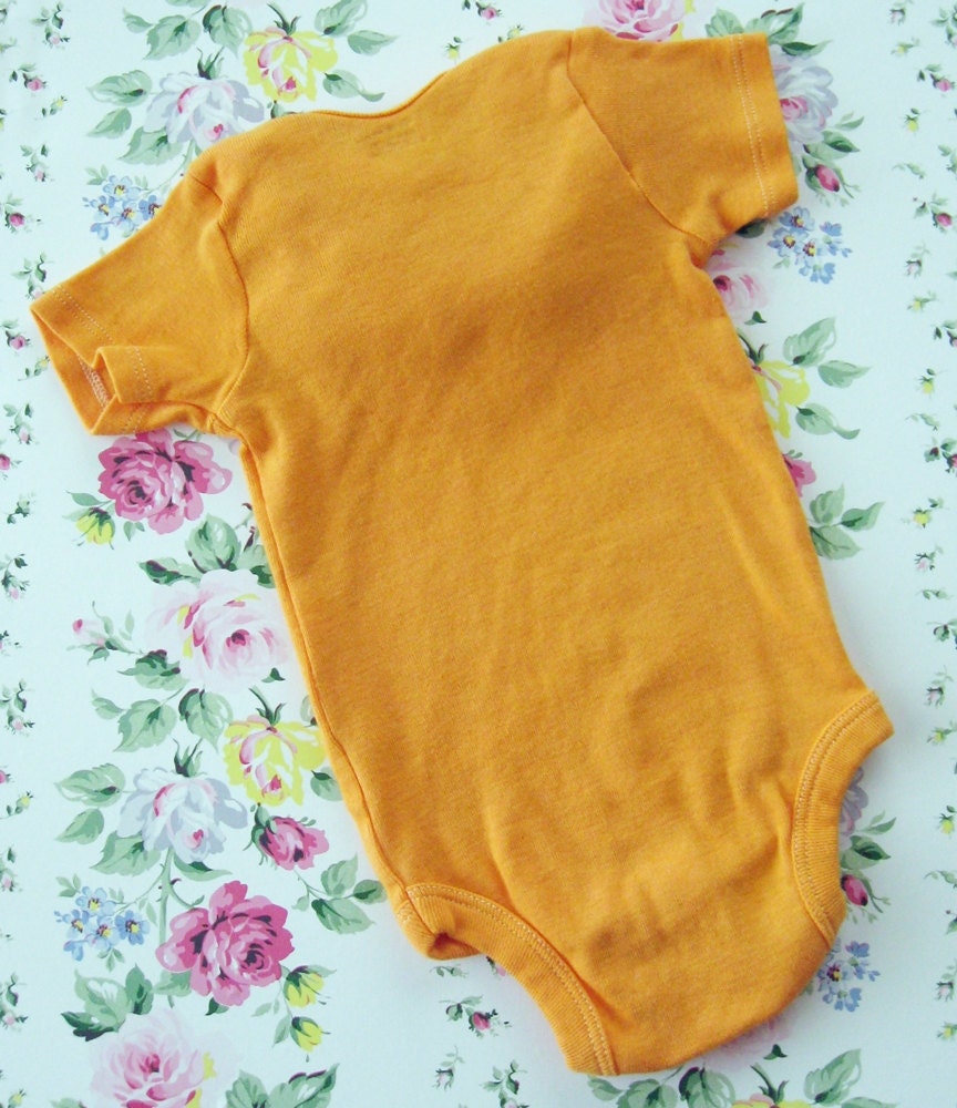 sunshine orange hand dyed onesie embellished with vintage fabric and lace, and a pretty little aqua rose, 6m to 9m, baby girl photos spring
