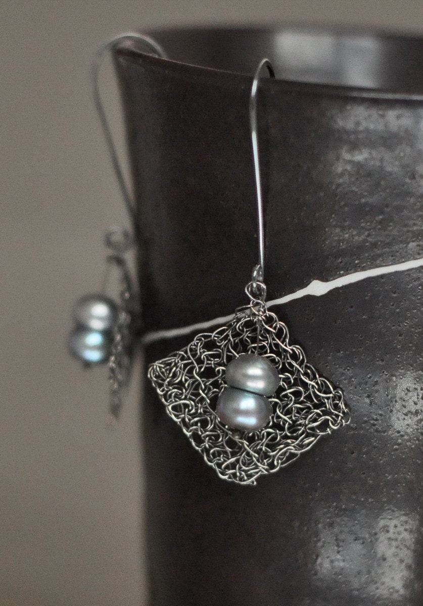 Earrings - oxidized sterling silver handwoven lace and freshwater pearls