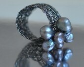 Ring - crocheted oxidized sterling silver lace with freshwater pearls in silver blue shades - Seven Pearls