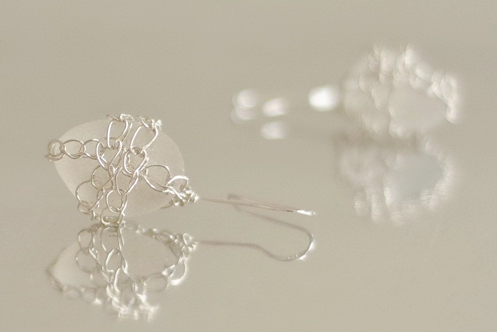 The Snow Queen Earrings - crocheted sterling silver with gemstone sea glass in frosty white