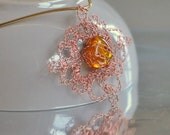 Necklace Pendant - pure copper crocheted stylized flower with Baltic amber - Wind Rose