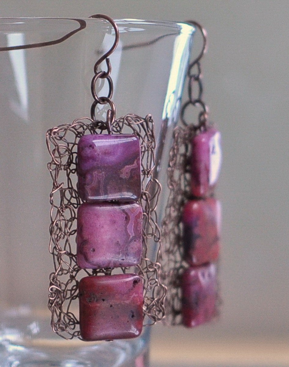 Earrings - handwoven antiqued copper lace with Pink Crazy Lace agates