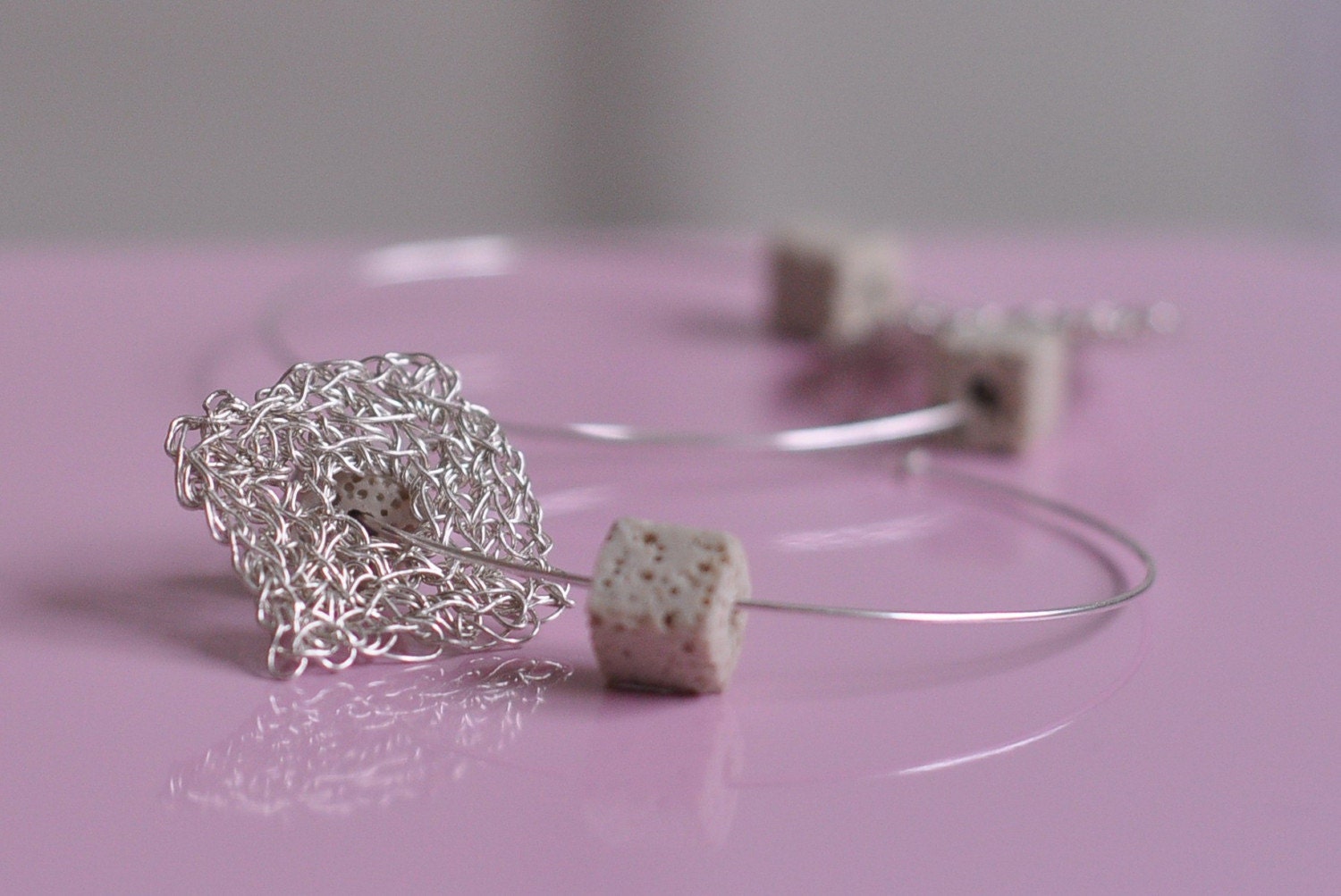 Earrings / Pendant - convertible OOAK sterling silver extra large hoops with crocheted square lace and volcanic lava cubes - She Chameleon