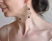 Earrings - antiqued pure brass lace with natural garnet gemstones - Moroccan Nights