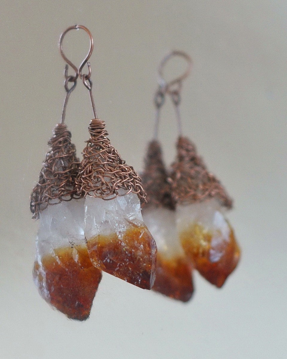 Earrings - genuine rough citrine crystal nuggets in crocheted antiqued copper caps - Sugar With Rum